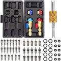 Air conditioner valve core tool set with case, brass fittings, and black O-rings