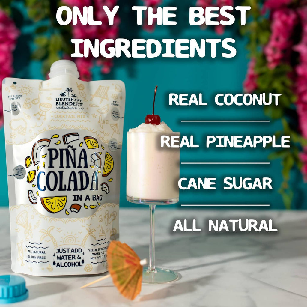Pina colada cocktail mix pouch with glass cocktail and ingredient callouts