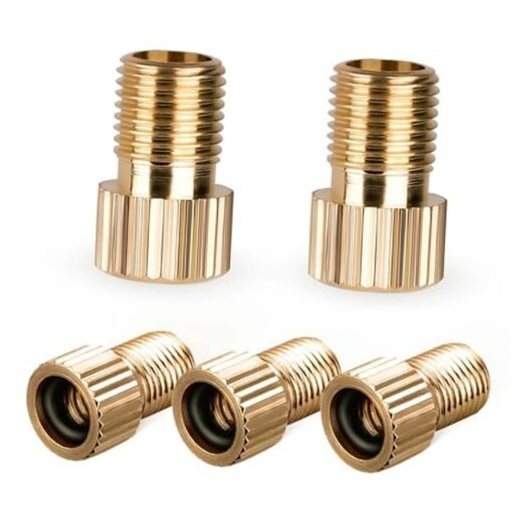 Brass Presta-to-Schrader bike valve adapters, 2-piece close-up with side ports