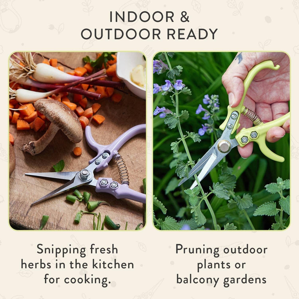 Pruning shears cutting herbs and outdoor plants, shown in two use photos