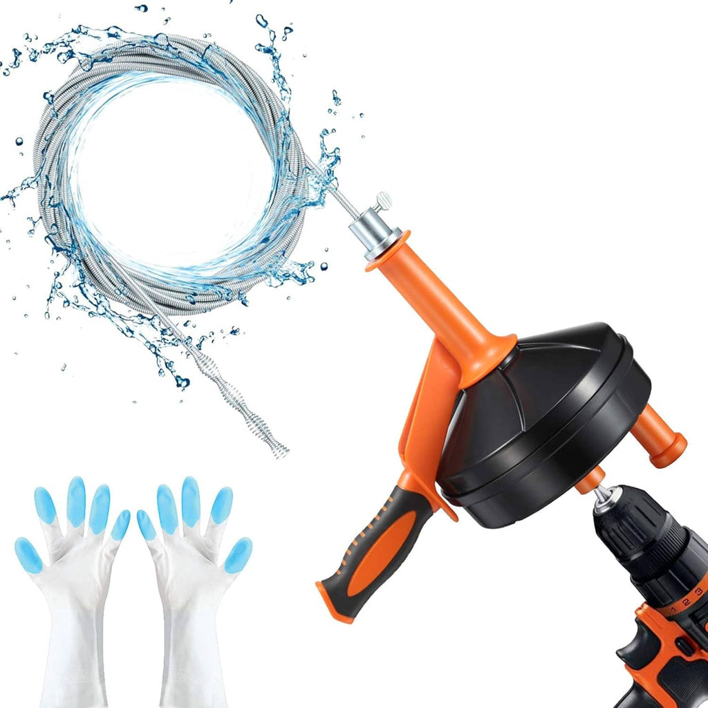 Drill-powered drain auger tool with orange/black drum and flexible metal snake, 25 ft.