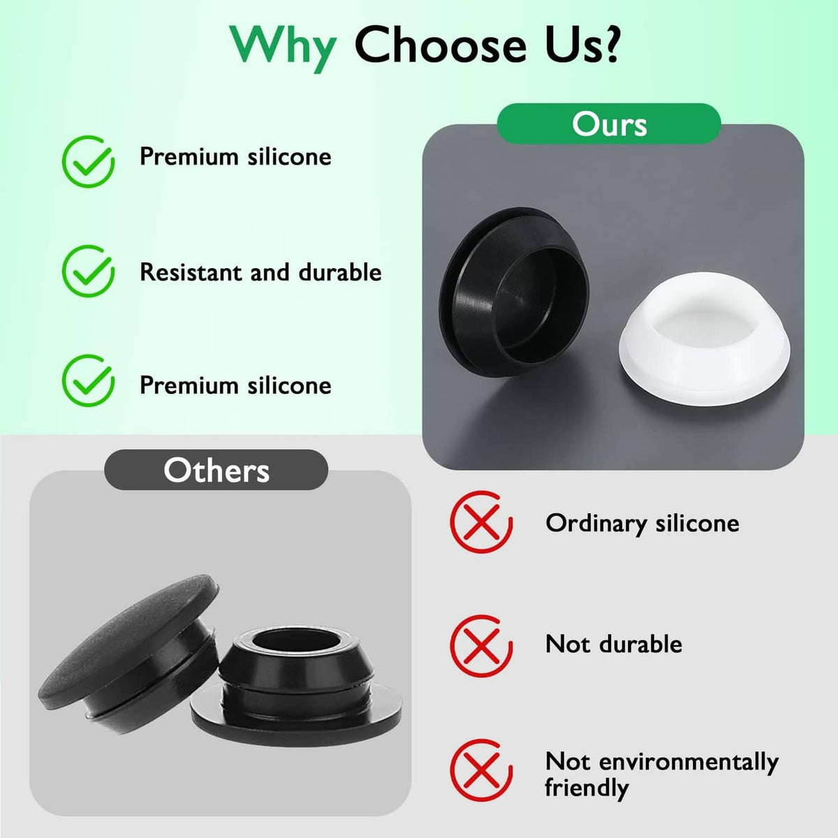 White and black silicone hole plugs shown side by side