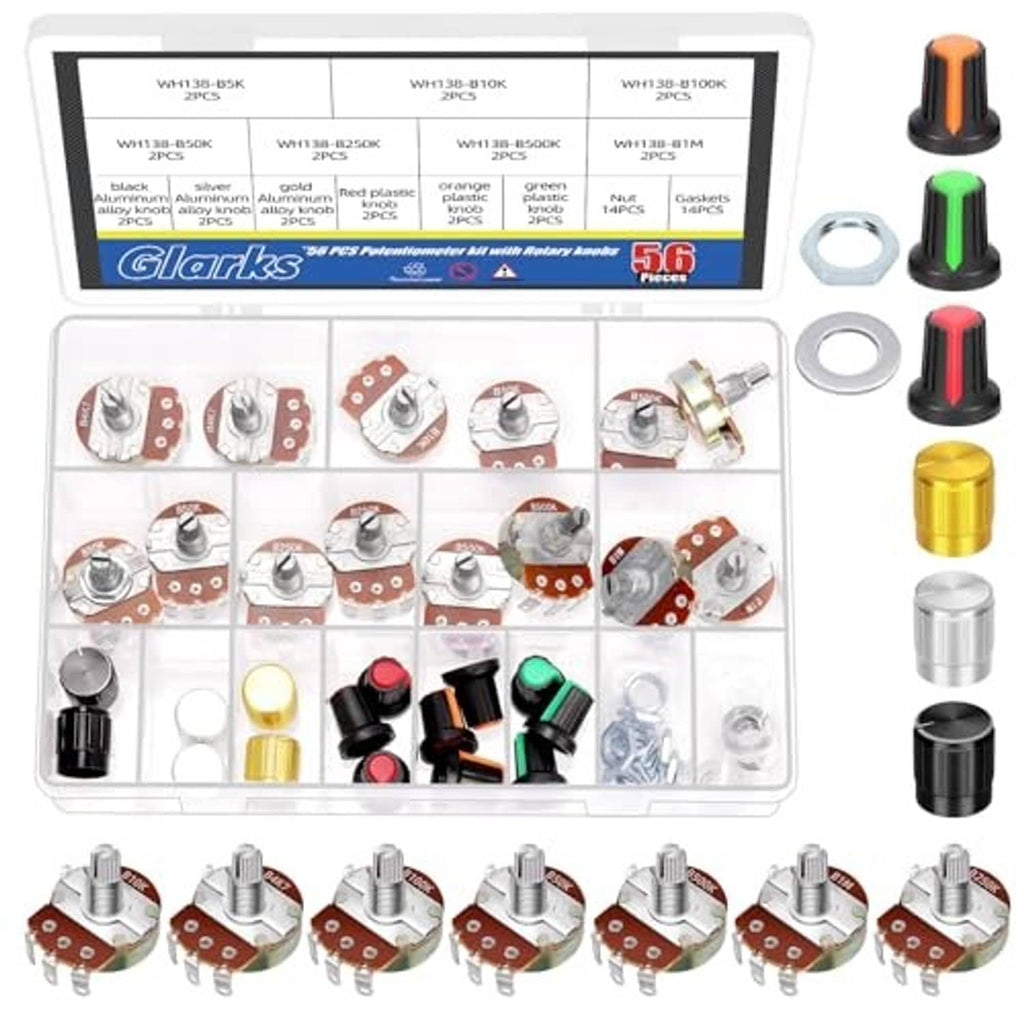 Single-turn rotary potentiometer kit in a clear case with assorted pots and colored caps