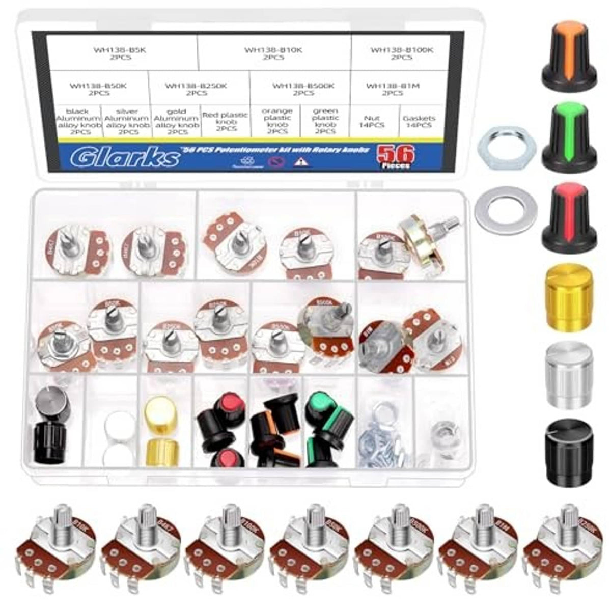 Single-turn rotary potentiometer kit in a clear case with assorted pots and colored caps