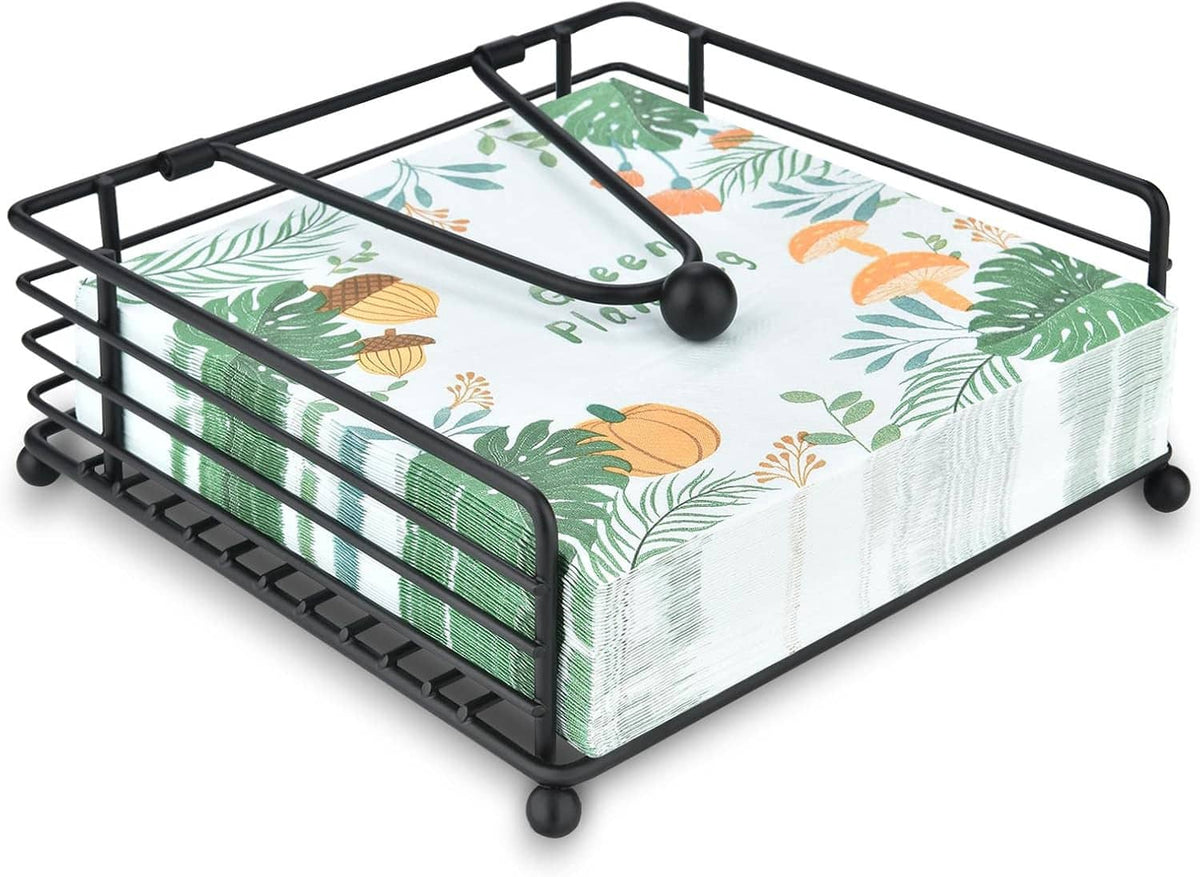 Modern flat napkin dispenser, open rack with black base and patterned napkins