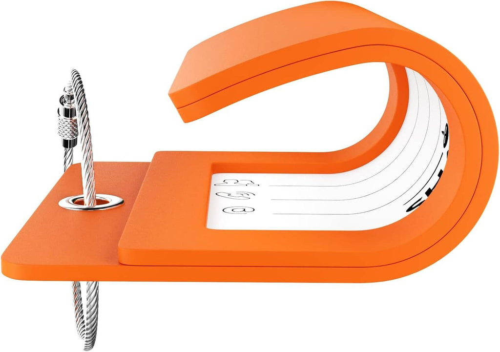 Orange luggage tag with initial D and stainless steel loop detail