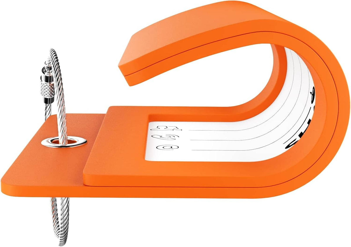 Orange luggage tag with initial D and stainless steel loop detail