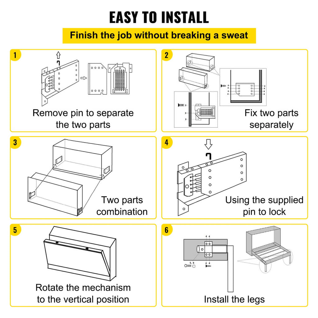 Murphy wall bed spring mechanism installation steps shown on white hardware parts