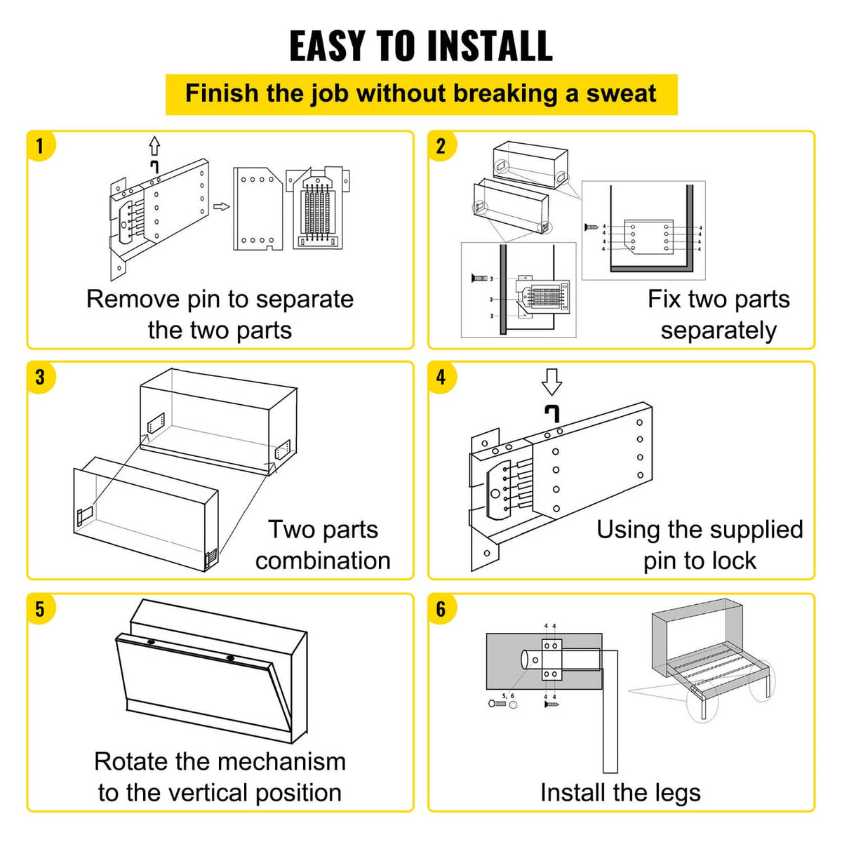 Murphy wall bed spring mechanism installation steps shown on white hardware parts