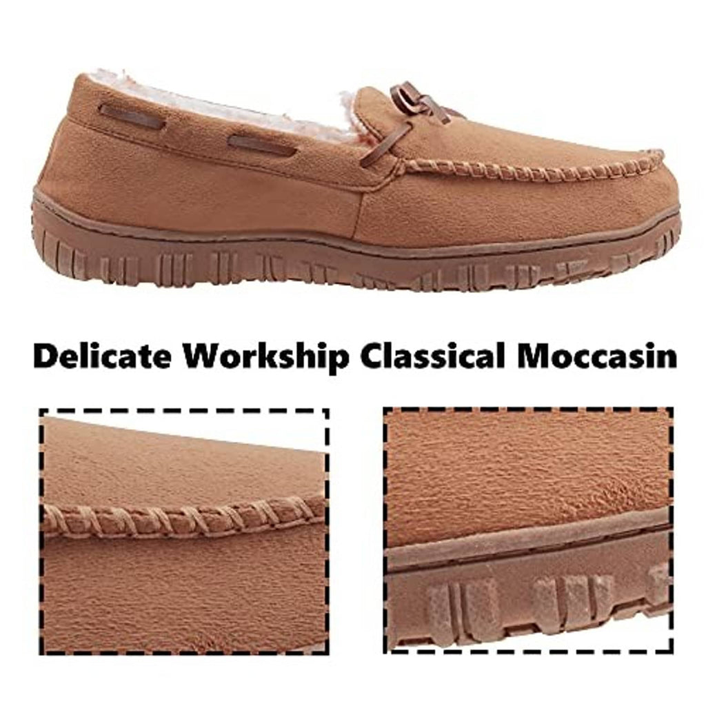 Men’s brown suede moccasin slippers with stitched seams and textured rubber sole