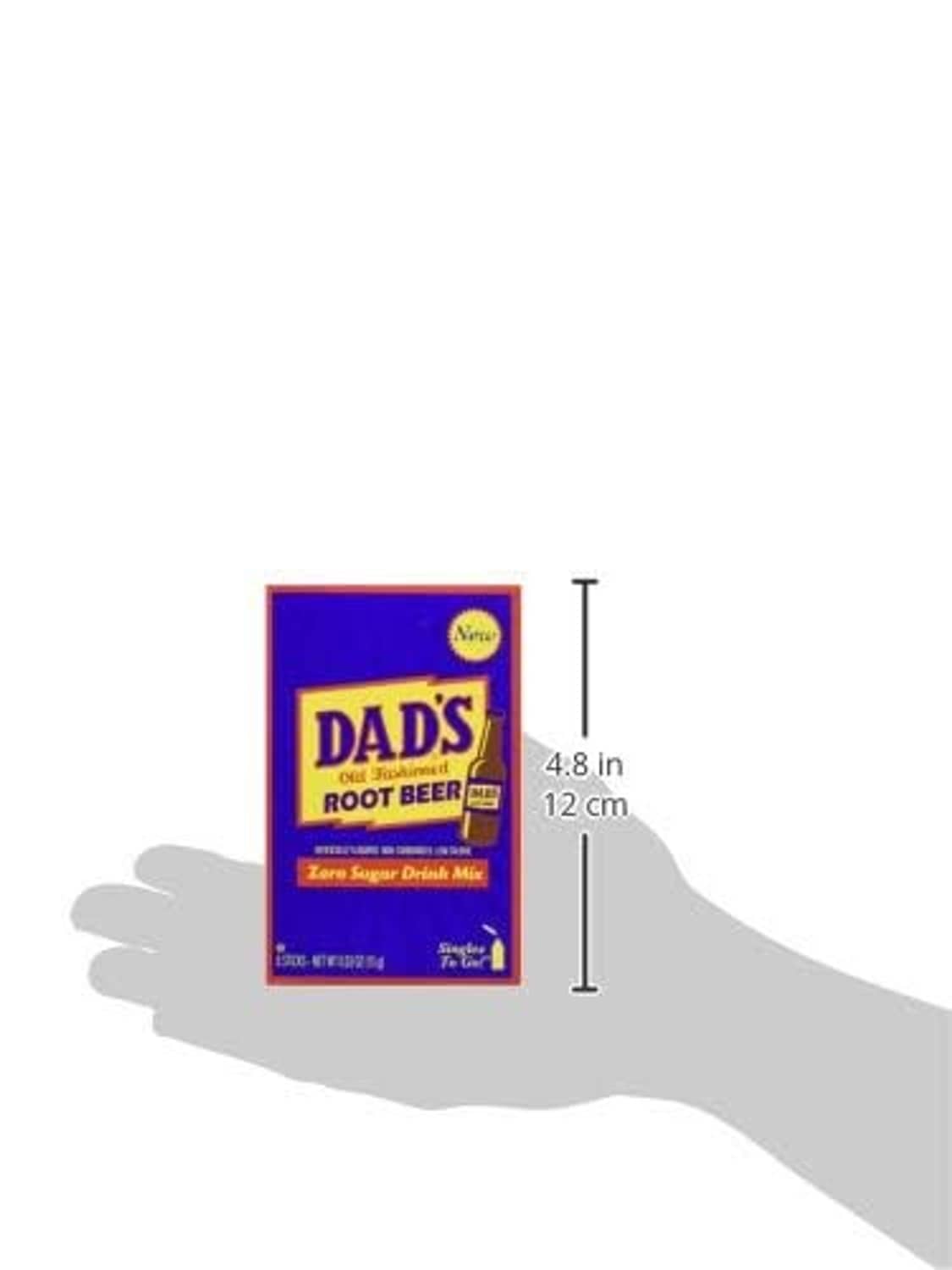 Dad's root beer sugar free drink mix box with size markings, 4.8 in tall