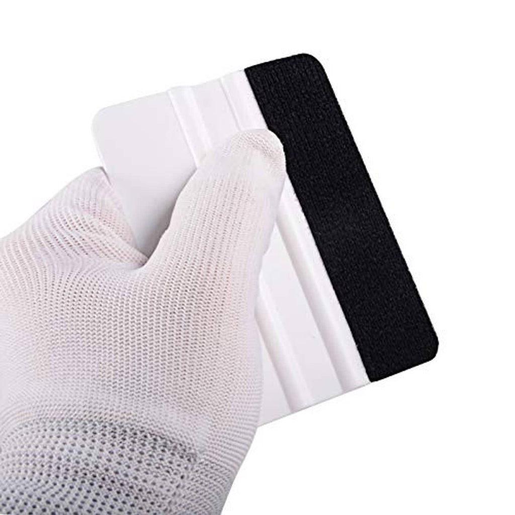 Vinyl squeegee applicator held by a white glove, white handle and black felt