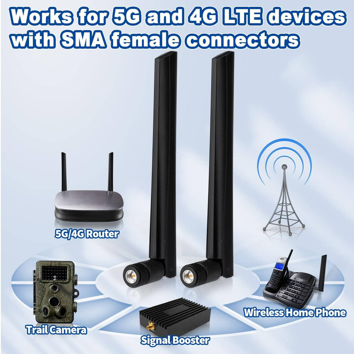 Two black omnidirectional antennas with SMA male connectors
