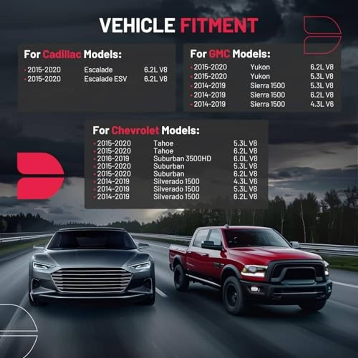 Vehicle fitment promotional graphic with cars and a model list overlay