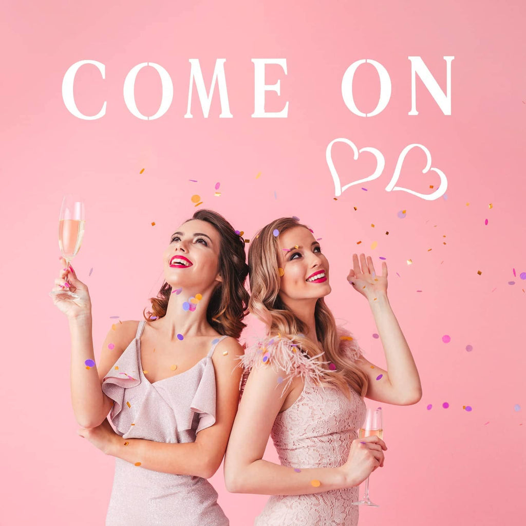 Wall-style stencil letters reading “COME ON” with heart and number “22” accents