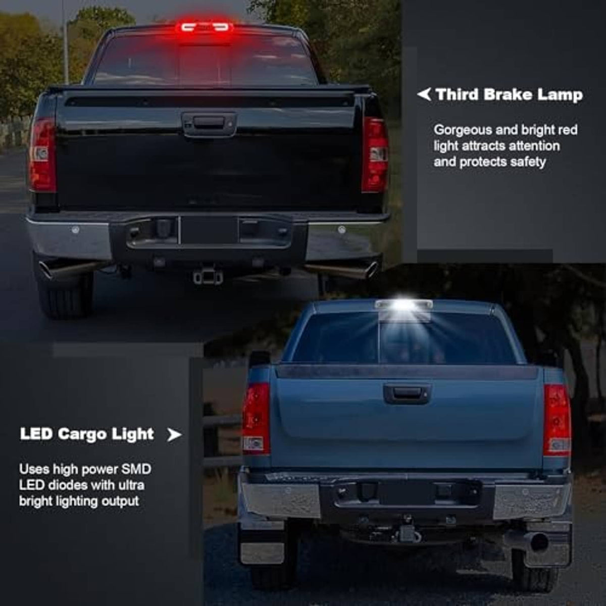 Installed LED third brake light with bright red glow, visible rectangular housing