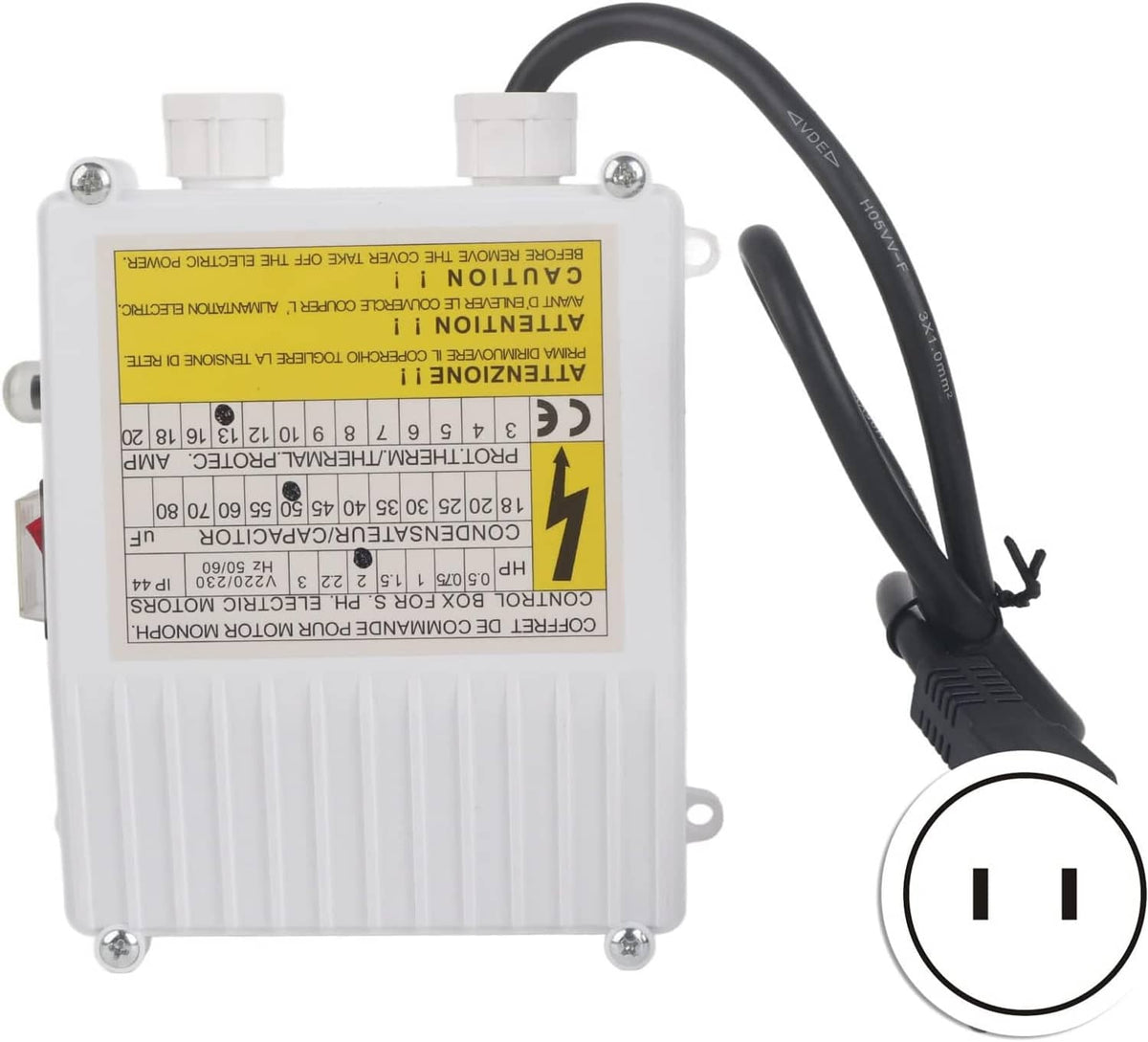 Back/side view of white submersible pump controller with black cable and instruction label.