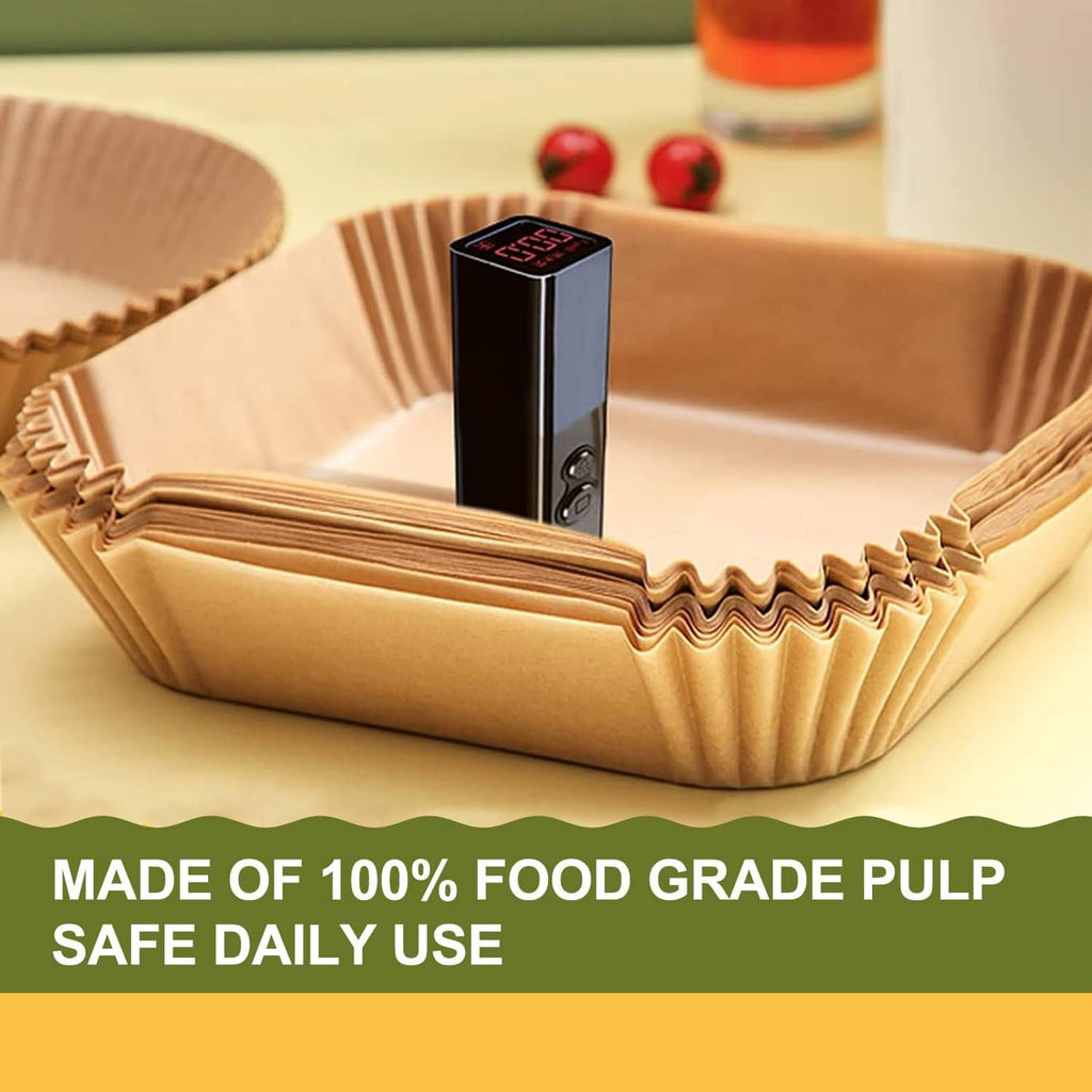 Stack of square kraft paper air fryer liners with crimped side ruffles