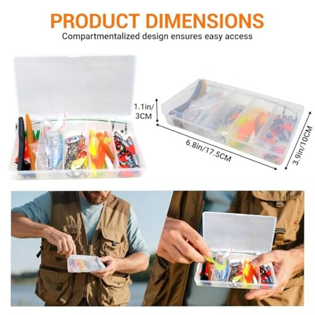Compact open fishing lure tackle box with colorful bait lineup and bagged accessories