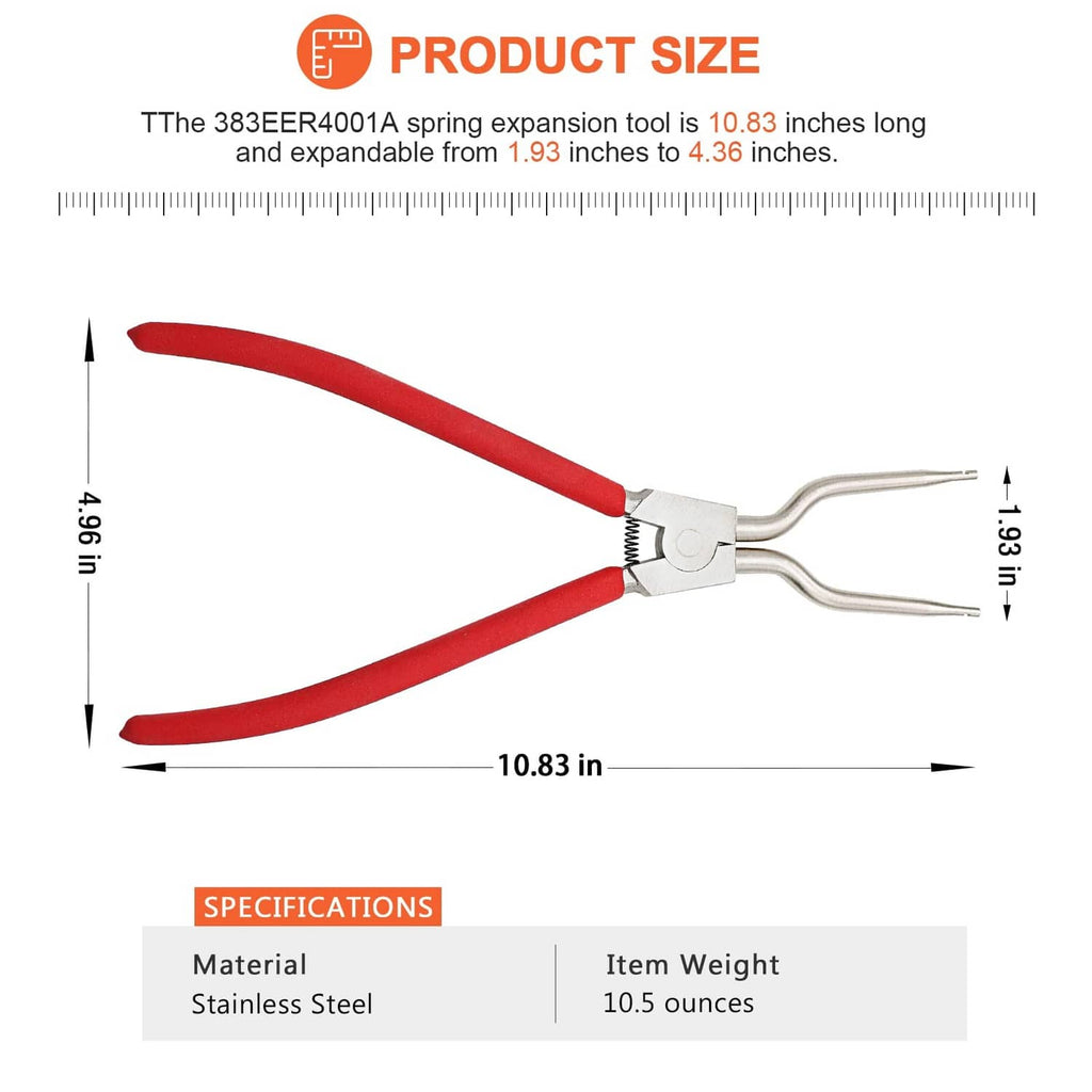 Washer tub spring expansion tool, 10.83 in length with red handles and metal fork tips