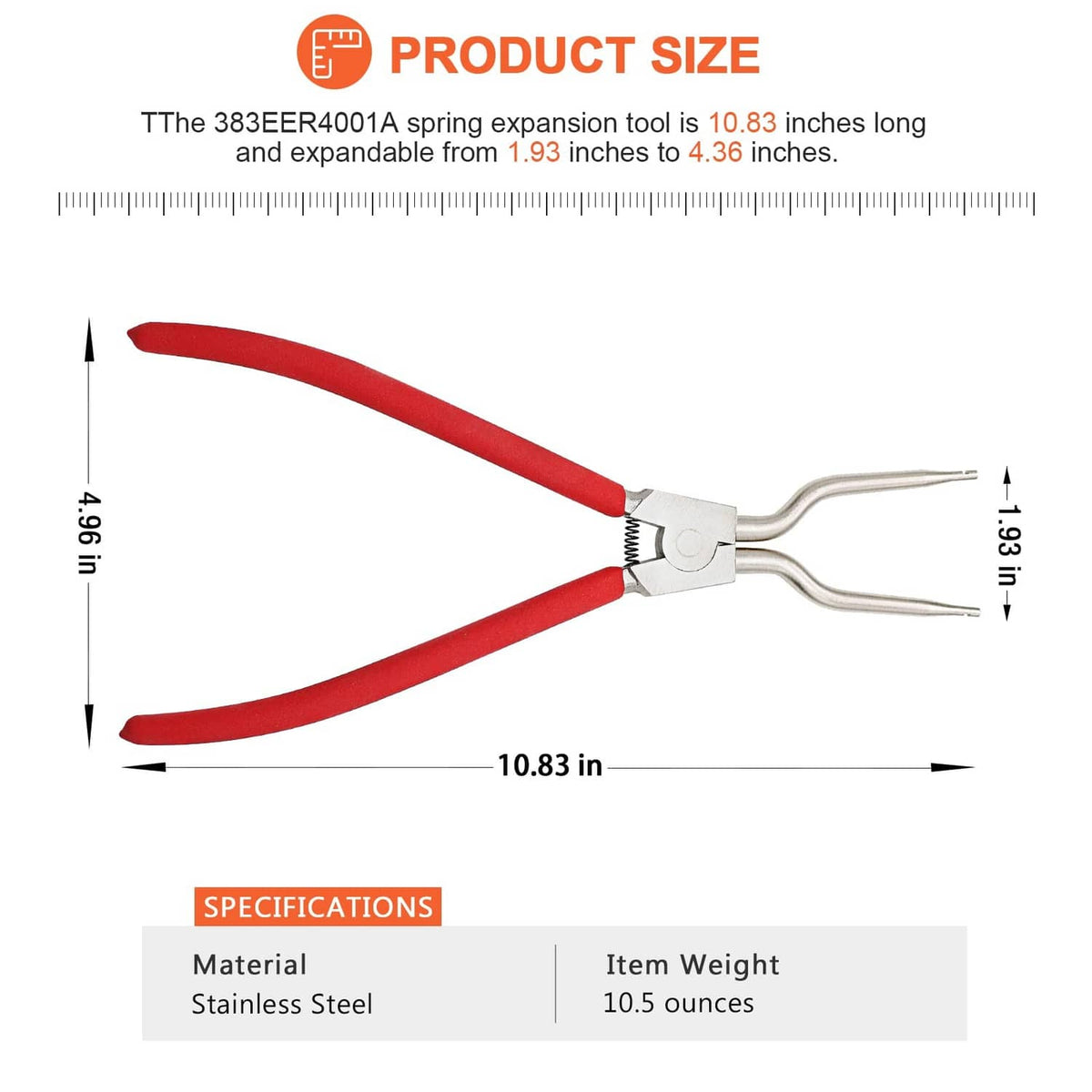 Washer tub spring expansion tool, 10.83 in length with red handles and metal fork tips