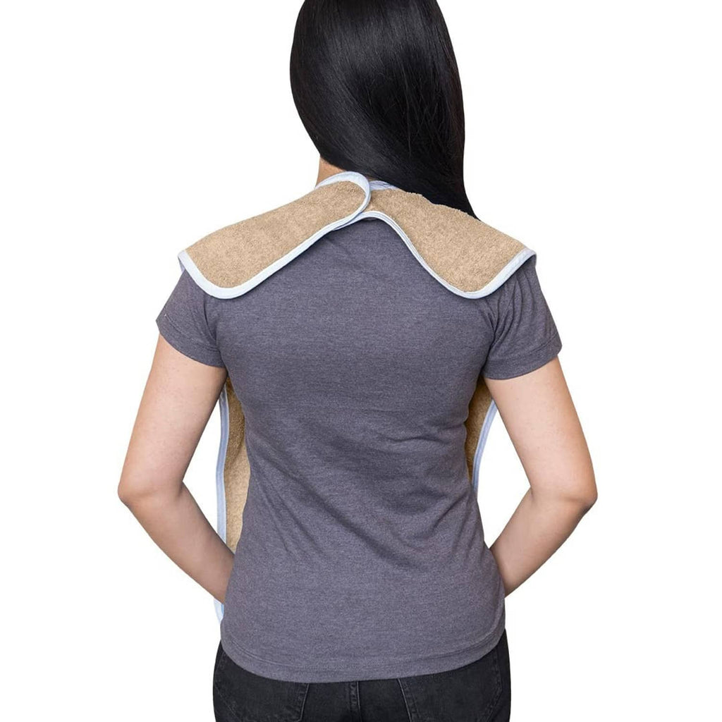 Beige terrycloth adult bib on back view with white trim along the neck and shoulders.