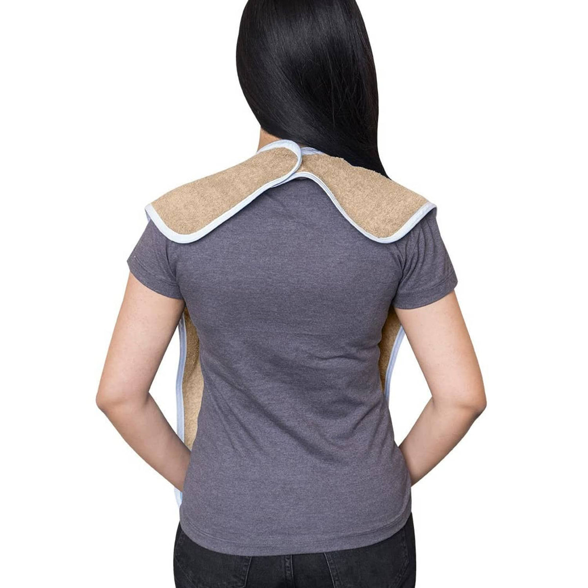 Beige terrycloth adult bib on back view with white trim along the neck and shoulders.