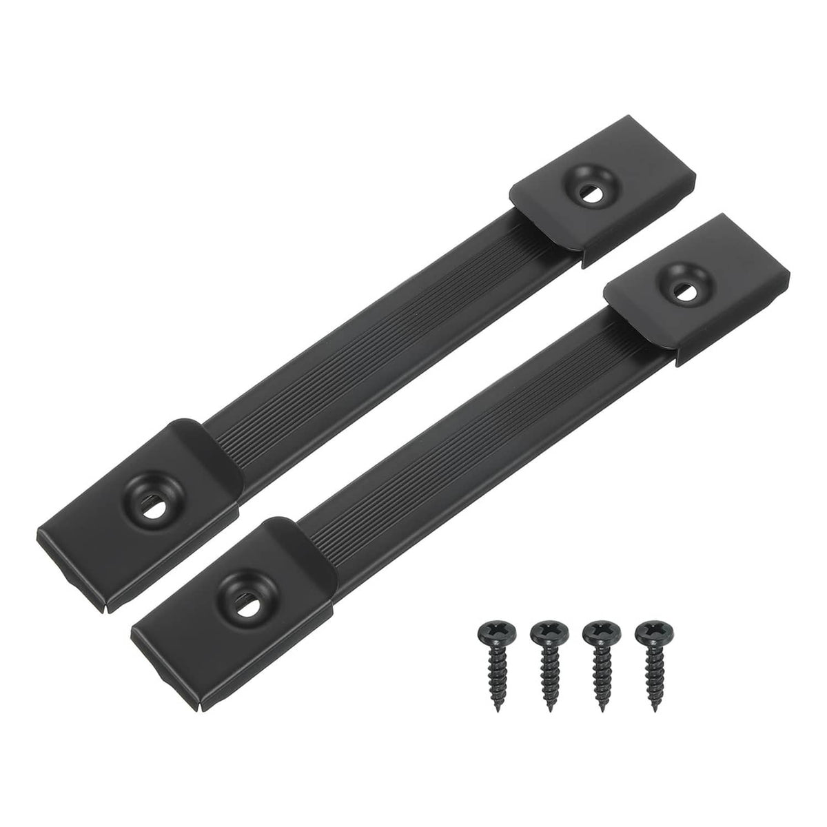 Black cabinet handle pull strap with mounting screws and two end mounting plates