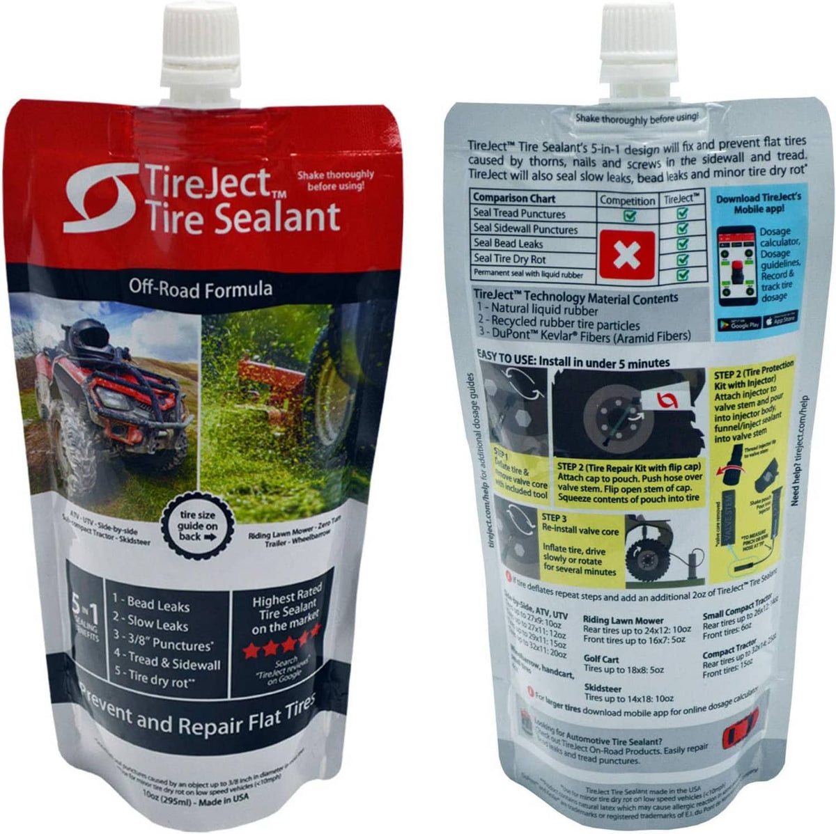 Three off-road tire sealant pouches with front and back label views