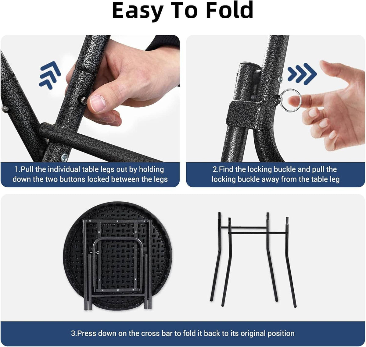 Close-up of black folding cocktail table legs with locking buckle and cross bar