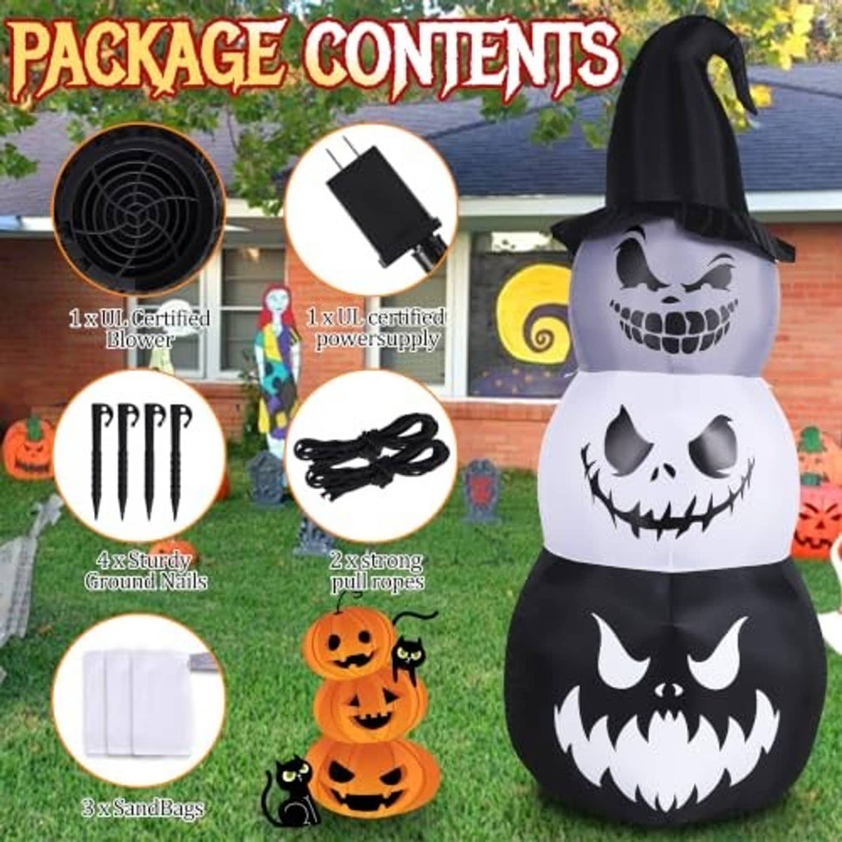 Inflatable Halloween decoration kit contents: blower, power supply, stakes, sandbags