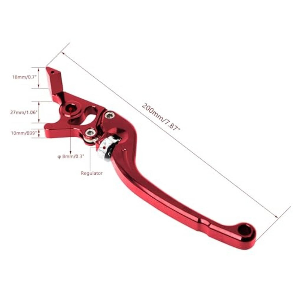 Red adjustable motorcycle brake lever handle, side profile with mounting points