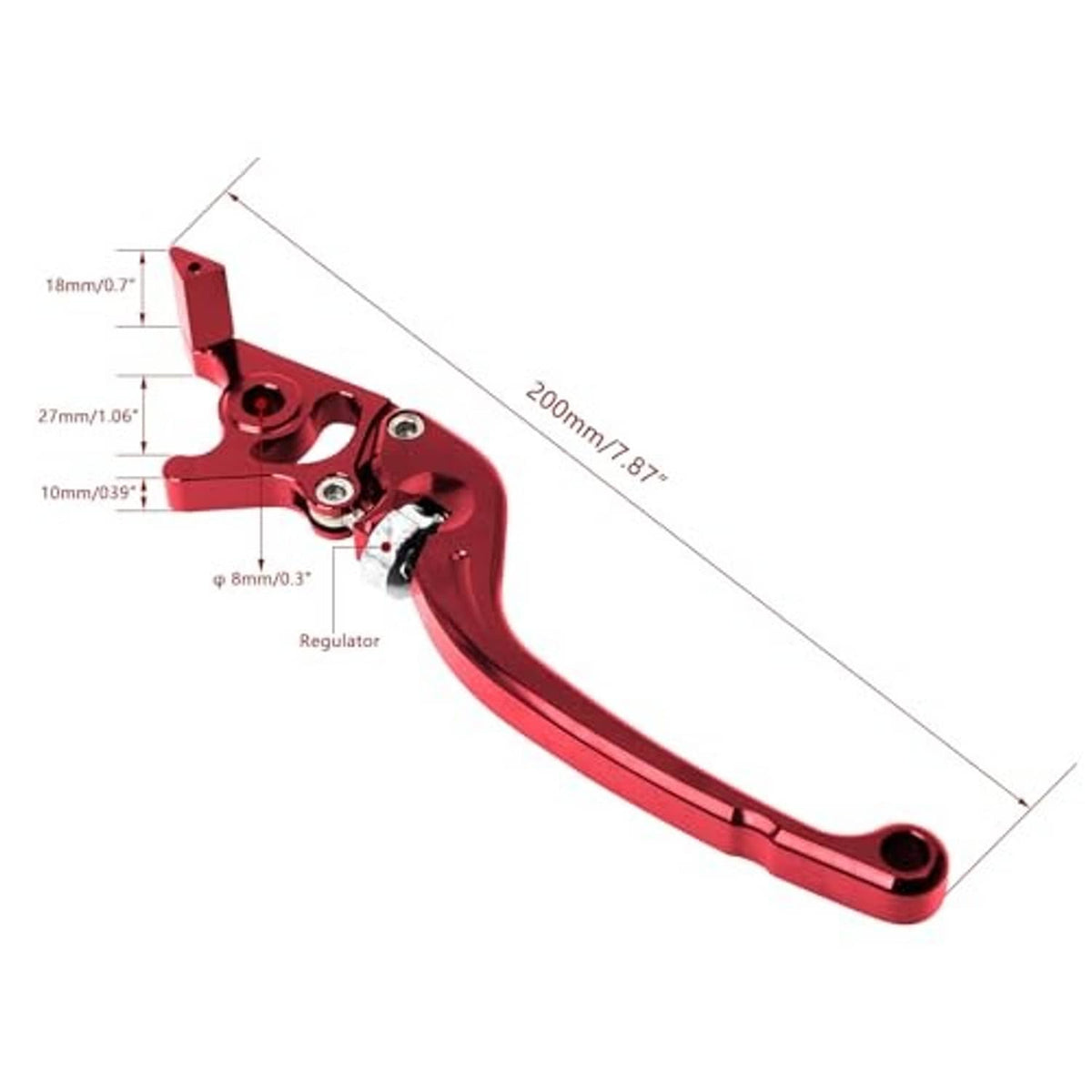 Red adjustable motorcycle brake lever handle, side profile with mounting points