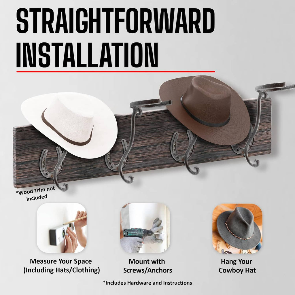 Wall-mounted cowboy hat rack on dark wood board with two U-shaped hat hooks.