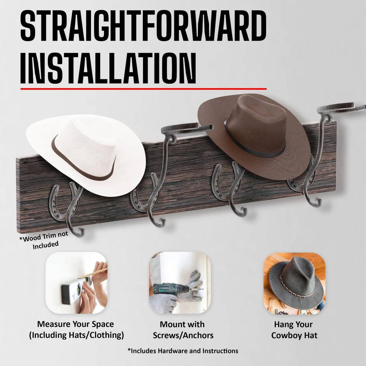 Wall-mounted cowboy hat rack on dark wood board with two U-shaped hat hooks.