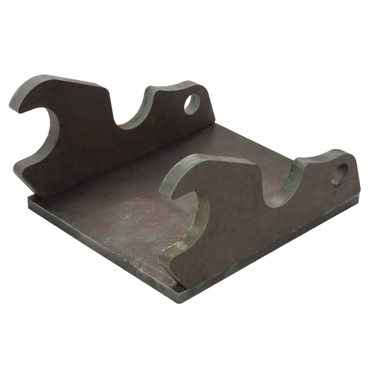 Steel mounting bracket with curved bucket-ear holders and two side bolt holes