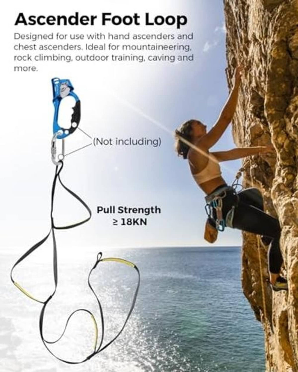 Ascender foot loop strap with yellow padding, black webbing for climbing use