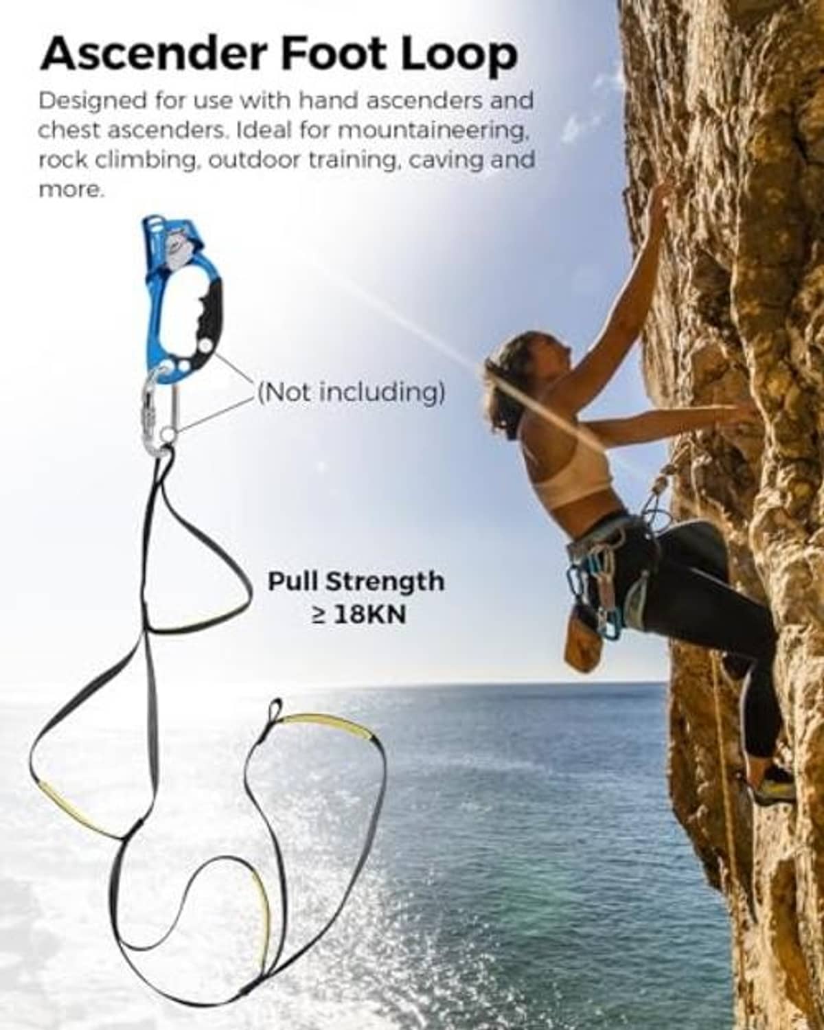Ascender foot loop strap with yellow padding, black webbing for climbing use