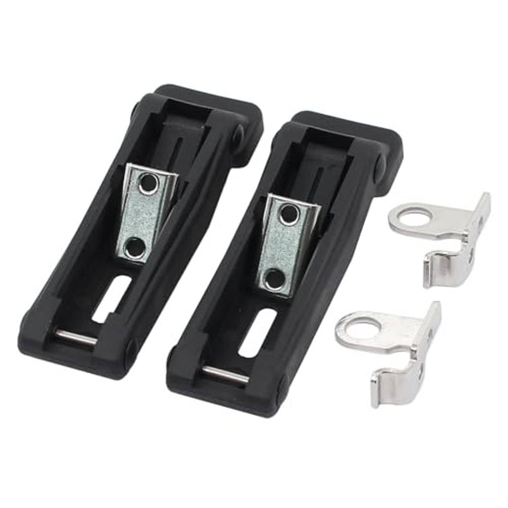 Two black storage rack latches with silver metal plates and separate silver hooks