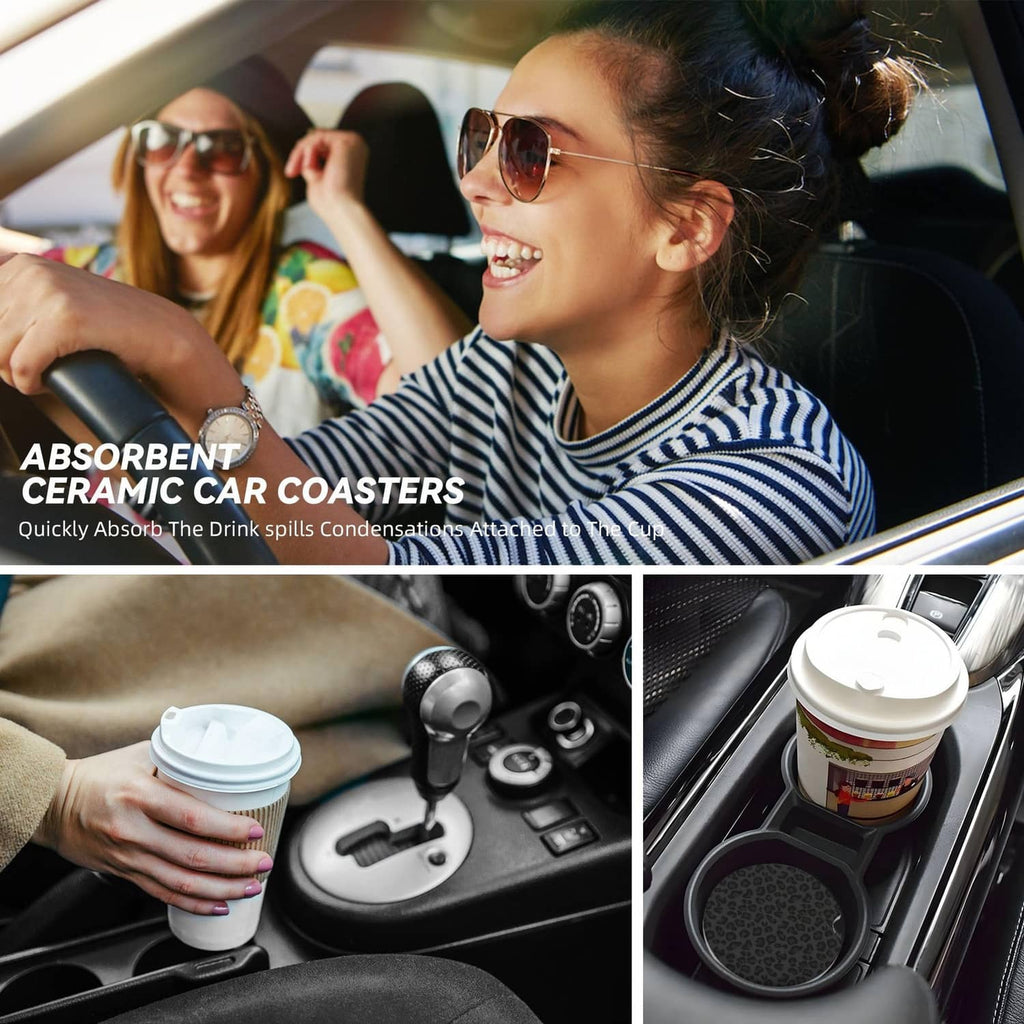 Black leopard print ceramic coaster in car cup holder next to takeout cup