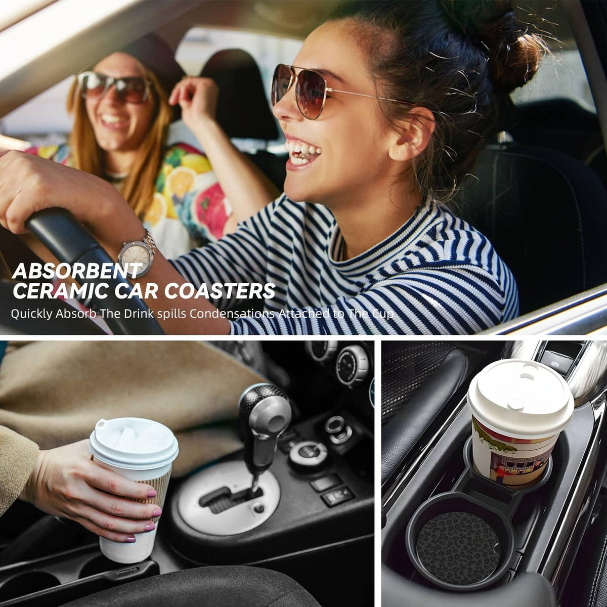 Black leopard print ceramic coaster in car cup holder next to takeout cup