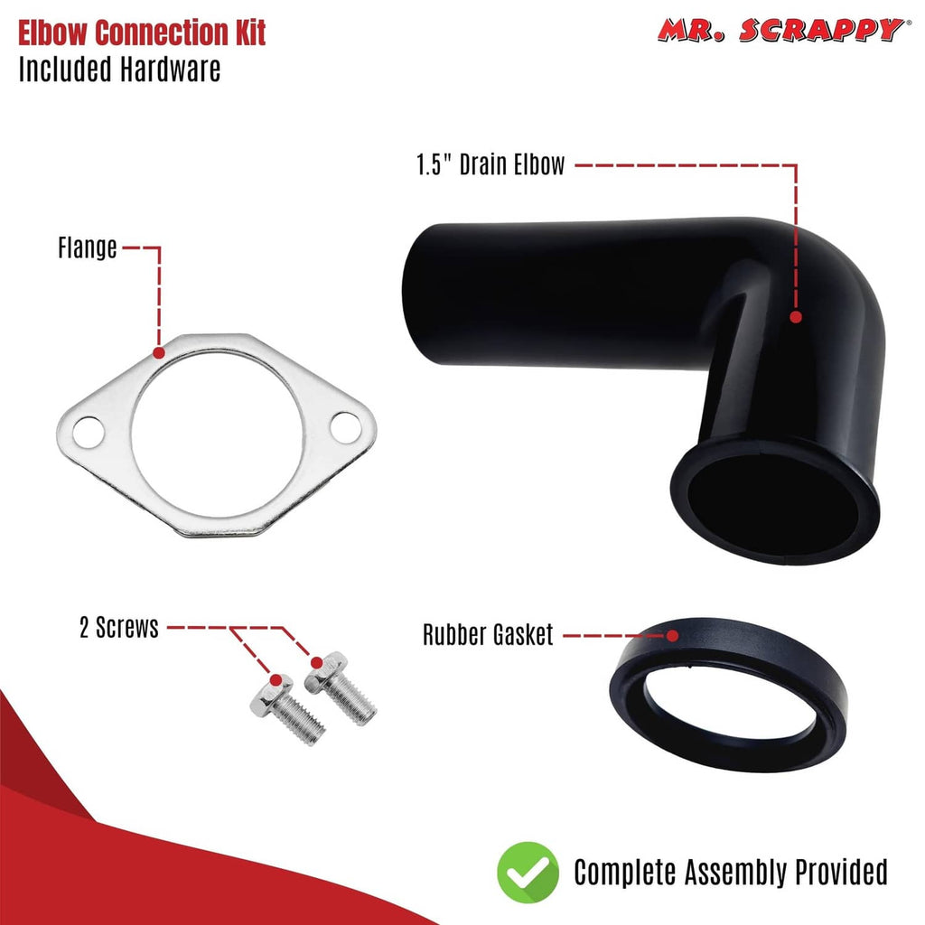 Drain elbow connection kit components: black elbow, screws, and rubber gasket