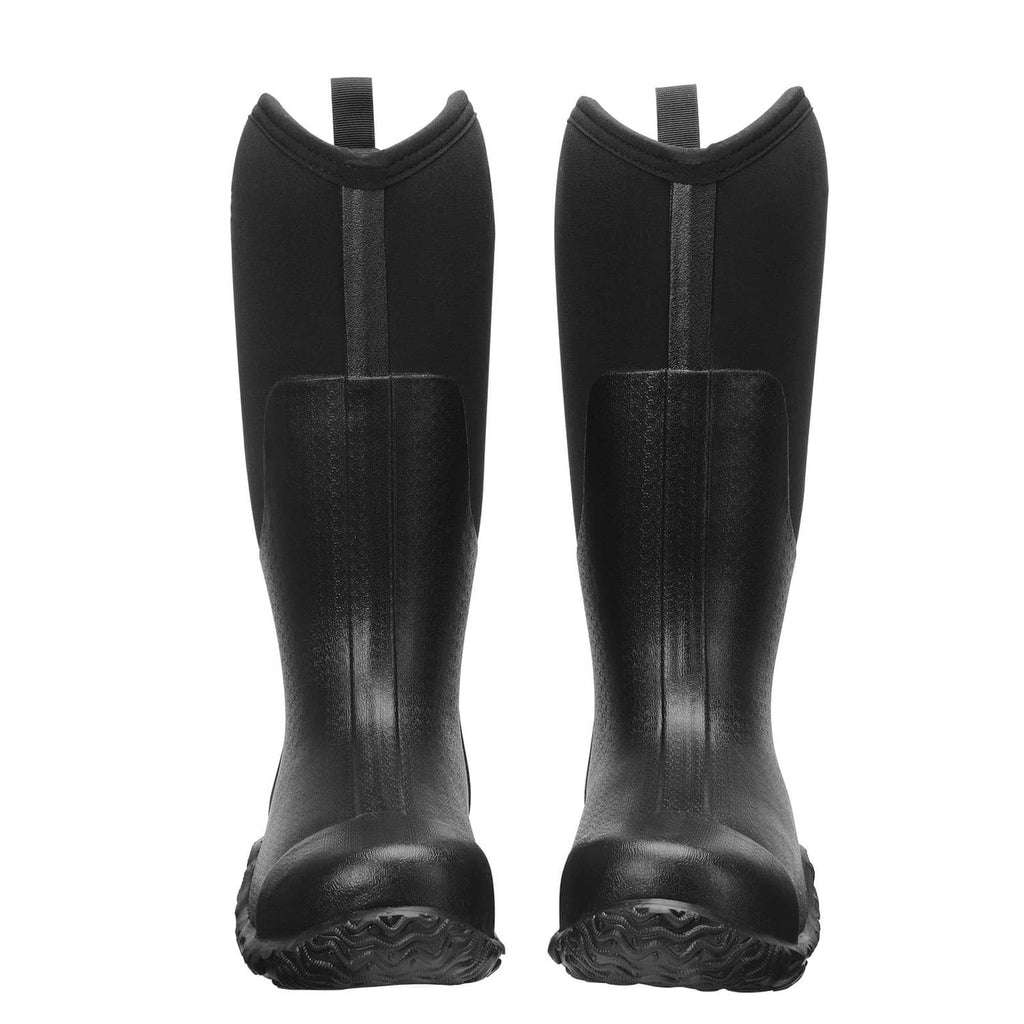 Pair of black tall rubber boots with rear pull loops and textured tread soles