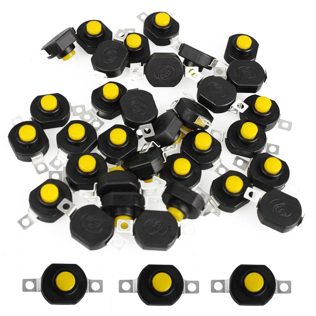 Black latching mini push button switches with yellow caps, metal tabs, and close views