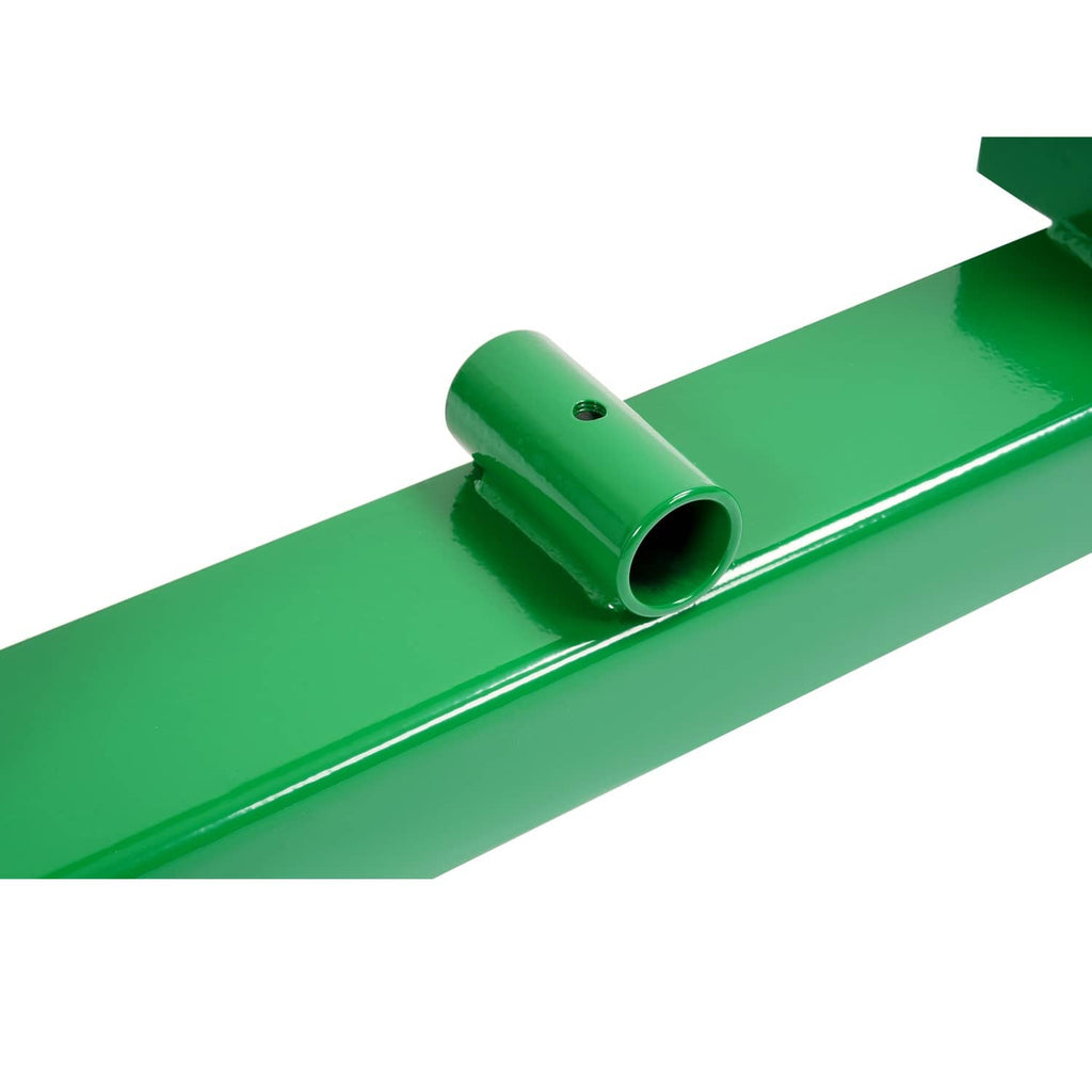 Close-up of green tubular fork support with mounting hole on pallet fork frame