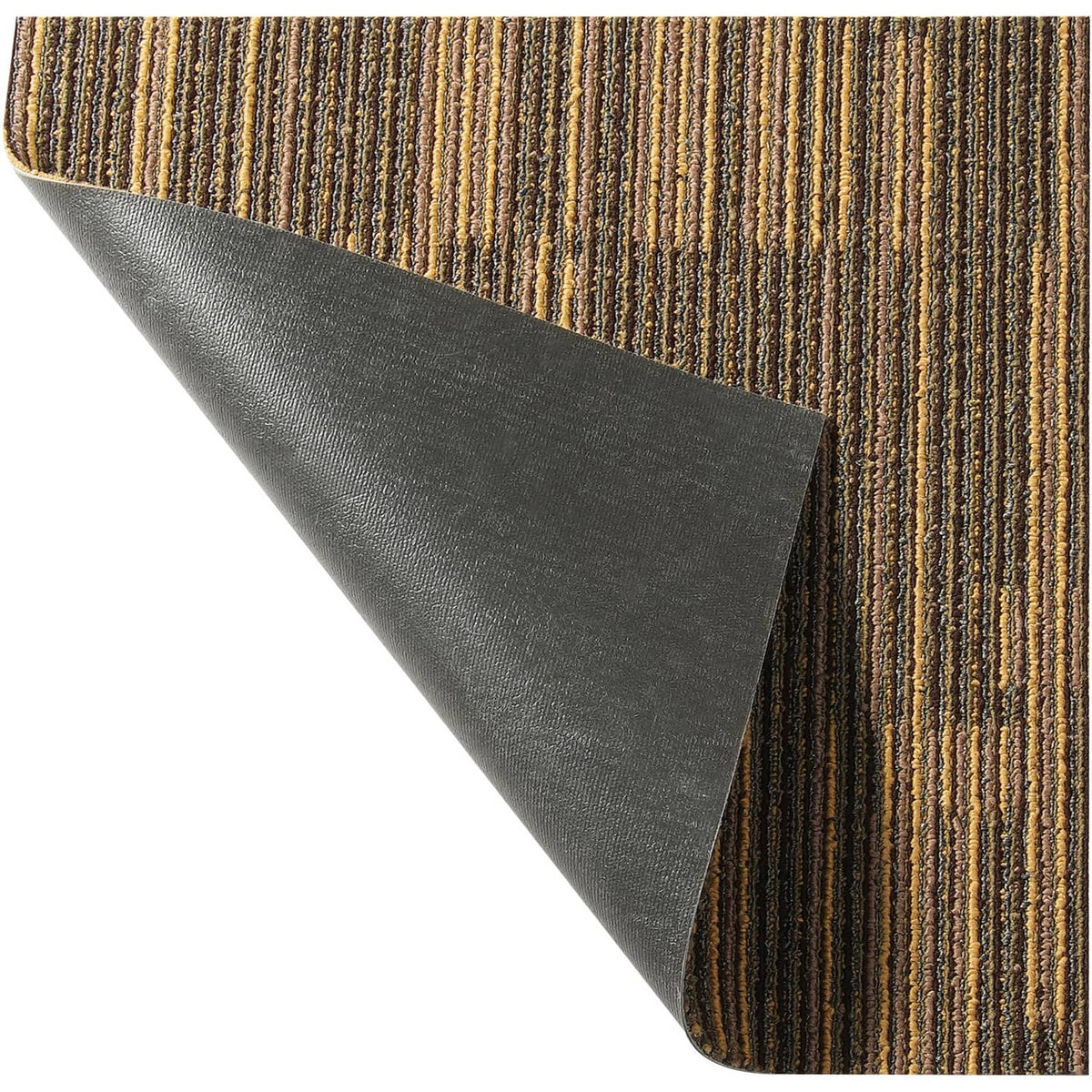Carpet tile edge showing attached gray padding backing