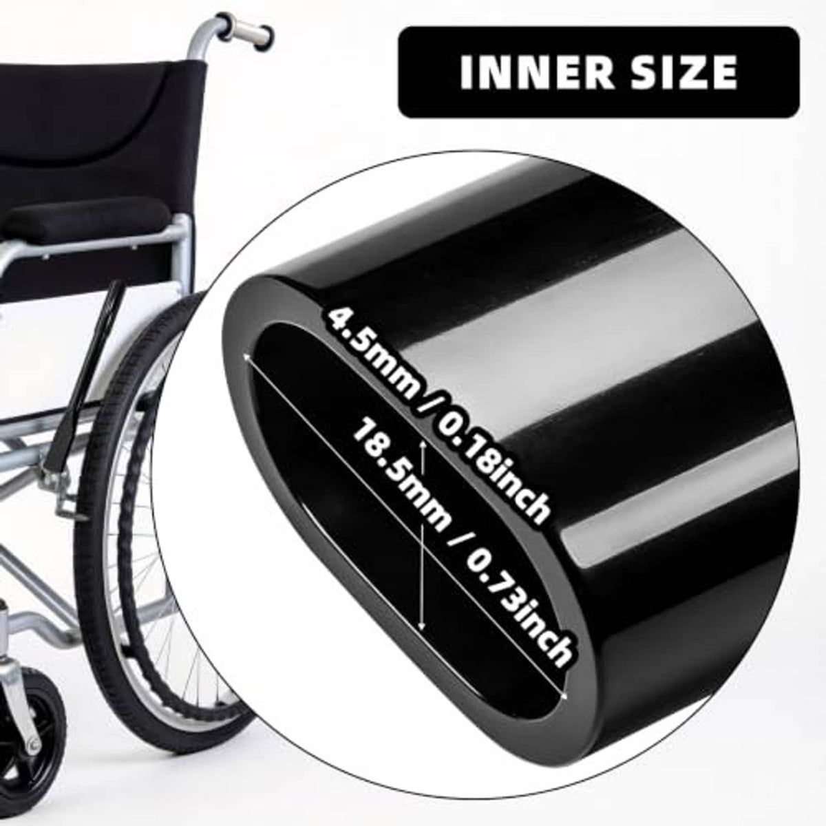 Close-up of black inner sleeve opening on wheelchair brake handle extender