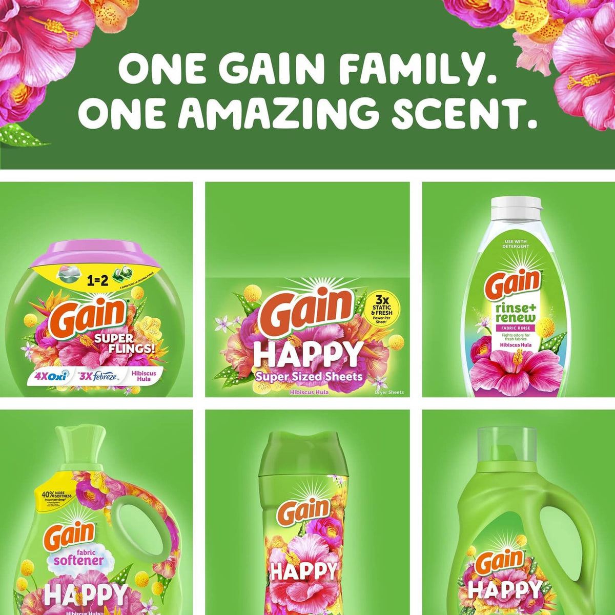 Gain product assortment panel with Super Fling pods, sheets, and liquid images