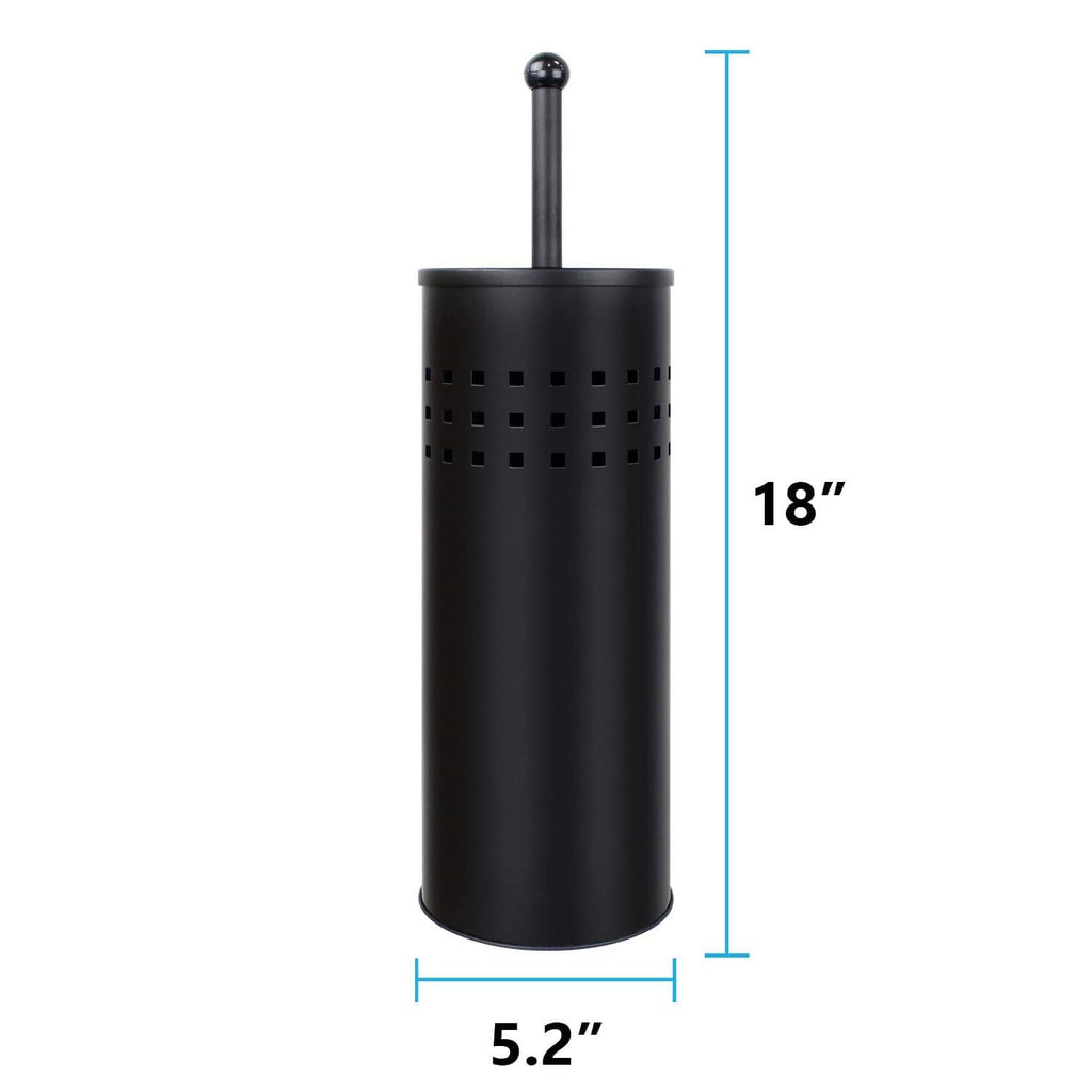 Black toilet plunger with perforated holder, 18 in height shown