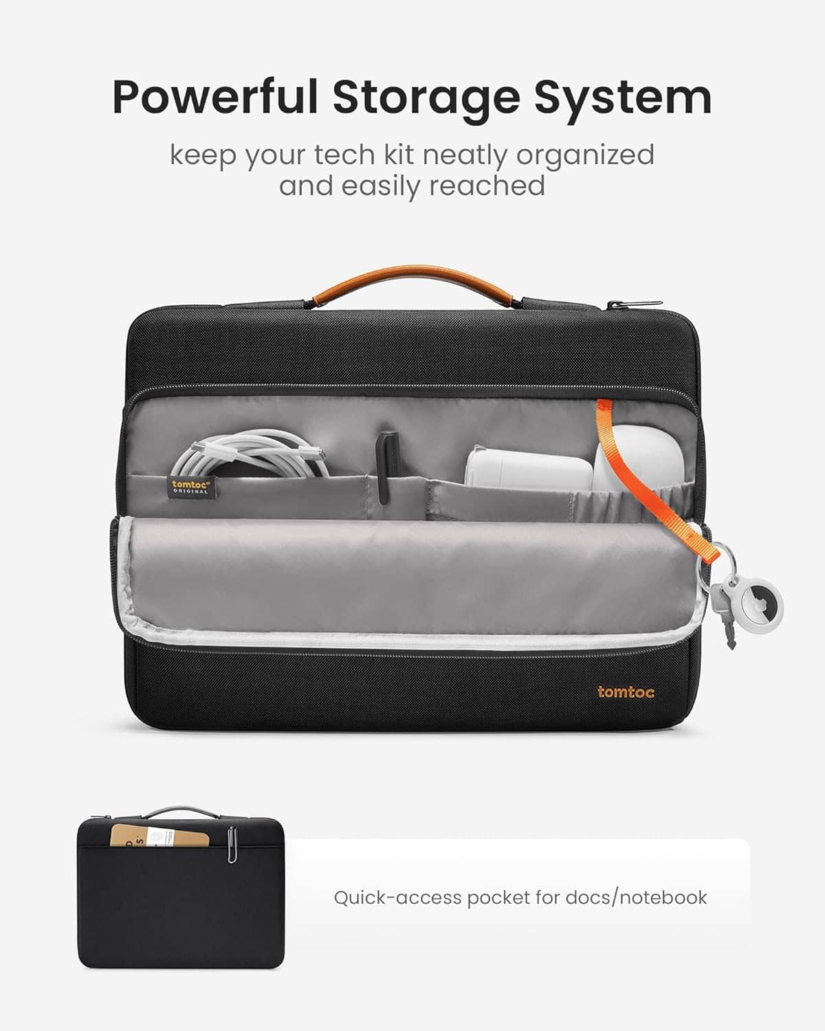 Black laptop carrying case open view with interior divider and quick-access front pocket.